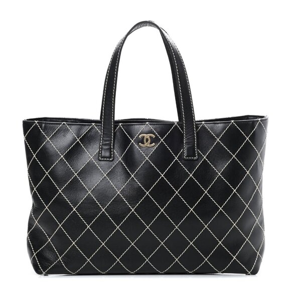 CHANEL CC Wild Stitch Vintage Quilted Shoulder Bag Tote Lambskin Black
